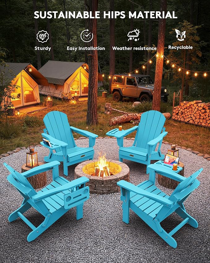 SERWALL Folding Adirondack Chair, Outdoor Adirondack Chairs with 4 in 1 Cup Holder, Wood Texture, Weather Resistant Plastic Patio Fire Pit Chairs for Garden, Backyard, Deck, Lawn - Light Blue
