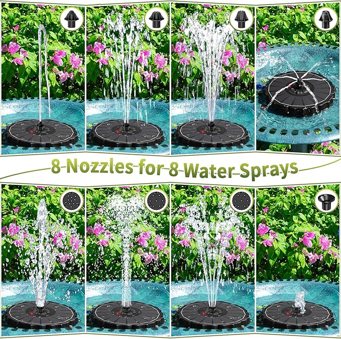 SZMP Solar Fountain, Works in Cloudy with 2000mAh Battery Backup, Glass Solar Powered Bird Bath Fountain with Auto LED Night Light Show, 3.5W, 8 Nozzles, for Garden, Outdoor (Black)