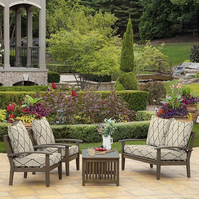Arden Outdoor Foam Deep Seat Cushion Set, 24 in x 24 in, Weather-Proof, Rain-Proof, Fade Resistant Patio Cushion, Bottom and Back Cushion for Chair, Sofa, and Couch Tan Diamond Trellis