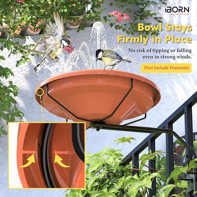 iBorn Bird Bath for Outside，Fence Mounted Bird Bath，Bird Baths for Outdoors, 12in BPA-Free Bowl，360°Swivel & Adjustable Height Bracket，Detachable Bird Bath for Fence Railing, Pack of 1