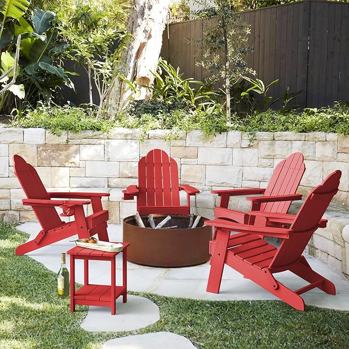 LUE BONA Folding Adirondack Chair Set of 2, Bright Red HDPS Weather Resistant Outdoor Chair with Cup Holder for Patio Party Fire Pit