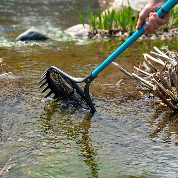 Aquascape Pond Shark, 3-in-1 Pond Net with Rake and Scraper, Telescopic Handle Extends to 60 Inches, Heavy-Duty Multi-Tool for Pond and Water Feature Cleaning, Durable Steel Construction
