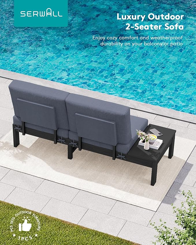 SERWALL HDPE Outdoor Loveseat Sofa, 2 Seats Patio Sofa, All-Weather Patio Conversation Sets with Adjustable Backrest Sofa for Backyard and Garden, Black Frame with Grey Cushion