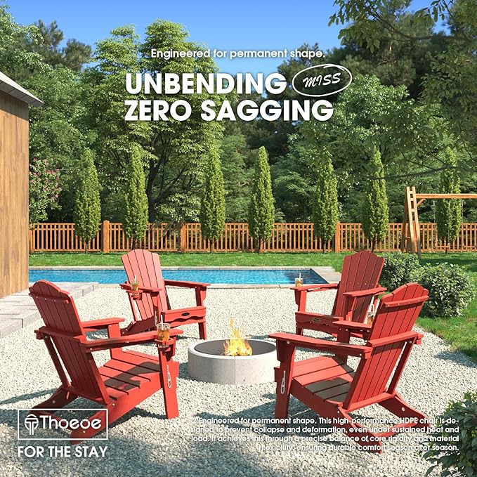 Folding Adirondack Chair Set of 8,HDPE All-Weather Outdoor Chair with Cup Holder,Wooden Textured,Fire Pit Chair,Plastic Patio Chair for Deck,Backyard,Garden,Lawn(Red)