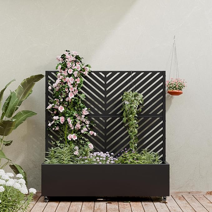 Casaphoria Metal Raised Garden Bed with Trellis and Wheels, 47"x47"x16" Planter Box for Climbing Plants, Vegetables & Vines, Features Drainage Holes and Privacy Screen (Black-Parallel)