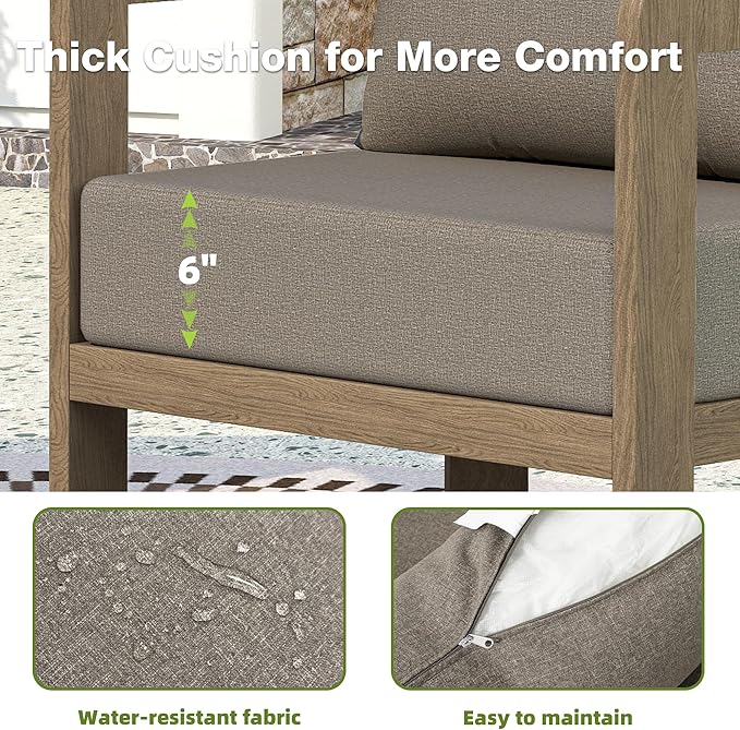 Outdoor Patio Furniture Set, 5 Pieces Modern Metal Patio Conversation Set with 6" Thick Cushions, Outdoor Lounge Sofa 350lbs for Backyard Porch Balcony, Brown