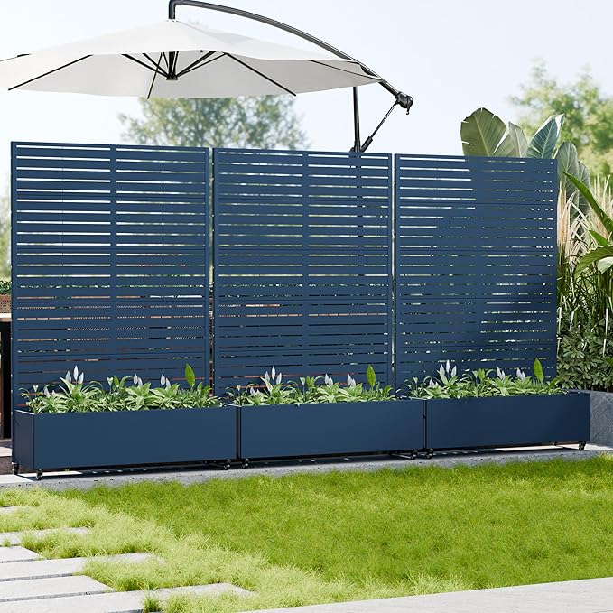 Casaphoria Metal Raised Garden Bed with Trellis and Wheels, 72"x47"x16" Planter Box for Climbing Plants, Vegetables & Vines, Features Drainage Holes and Privacy Screen, Blue-Louvered