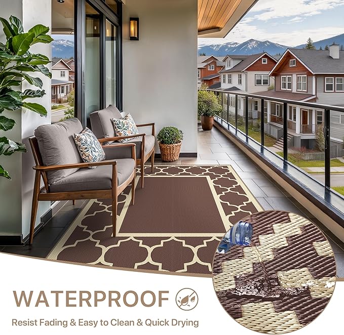 GENIMO Outdoor Rug 8' x 10' Patio Waterproof, Foldable Reversible Plastic Straw Area Rugs Mat for Camper Decor, Outside Carpet for Rv, Deck, Porch, Picnic, Beach, Balcony, Coffee & Beige