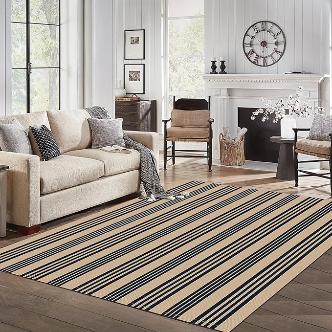 IOHOUZE Black and Tan Striped Rug 5'x7' Indoor Outdoor Rug, Washable Area Rug for Living Room, Large Patio Rug, Cotton Striped Rugs for Patio Living Room Bedroom