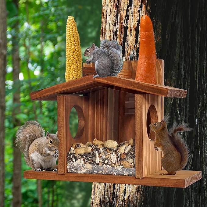 MIXUMON Wood Squirrel Feeder, Squirrel Feeders for Outside Winter, Wooden Chipmunk Feeder for Corn, Peanuts, Durable Box Easy to Fill with Removable Front Panel (Style 2)