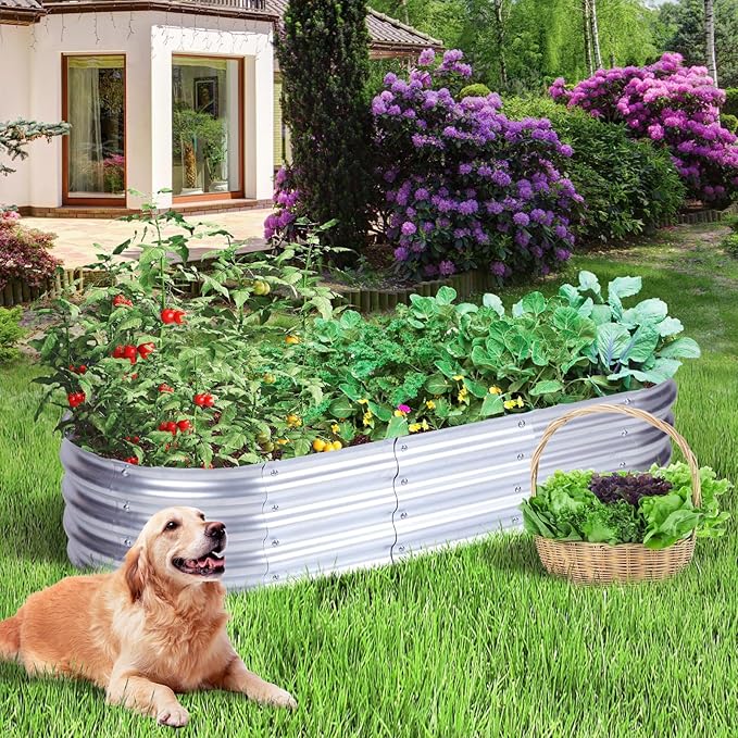 Aoodor Galvanized Raised Garden Bed Kit, 5 x 2 x 1 Ft, Oval Planter Box for Vegetables, Flowers, and Herbs, Outdoor Use, Silver