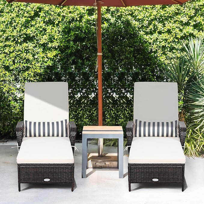 Tangkula Wicker Chaise Lounge Outdoor, Patio Rattan Reclining Chaise with 6-Gear Adjustable Backrest, Thick Padded Cushion & Removable Lumbar Pillow, Pool Lounge Chairs for Outside Balcony Backyard