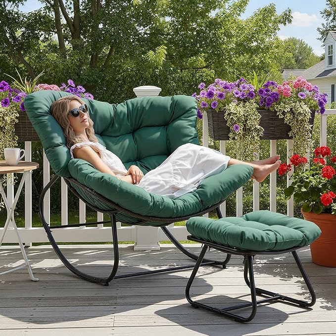 Wisteria Lane Patio Rocking Chair with Ottoman, Outdoor Indoor Rocking Egg Chair with Cushions, Metal Lounge Chair Oversized Papasan Chair, Outdoor Wicker Reading Chair for Porch Garden, Green