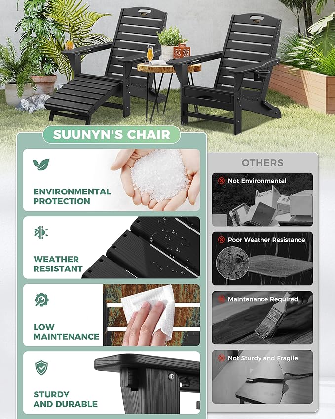 Folding Adirondack Chair with Retractable Ottoman Weather Resistant Fire Pit Chair Patio Chair with 2 Cup Holder Lawn Outdoor Lounge Chair (Black)