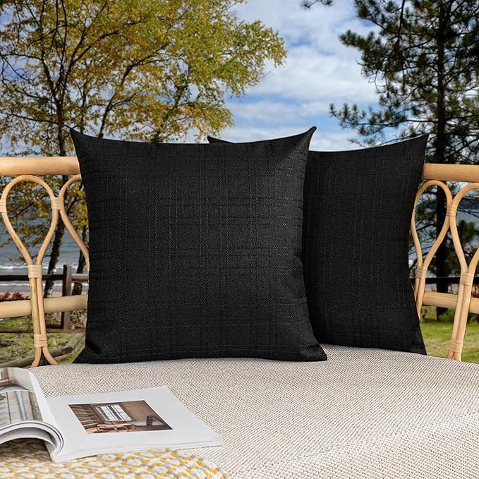 Kevin Textile Pack of 2 Outdoor Waterproof Pillow Covers Checkered Decorative Cushions Sham Throw Pillowcases Shell for Patio Tent Garden Couch Bed Sofa 22x22 Inch Black