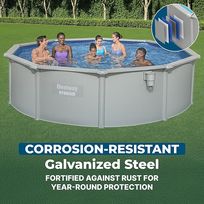 Bestway Hydrium Above Ground Swimming Pool, 15' x 48" Round Steel Wall Pool Set with Sand Filter Pump, Chemical Dispensers, and Accessories