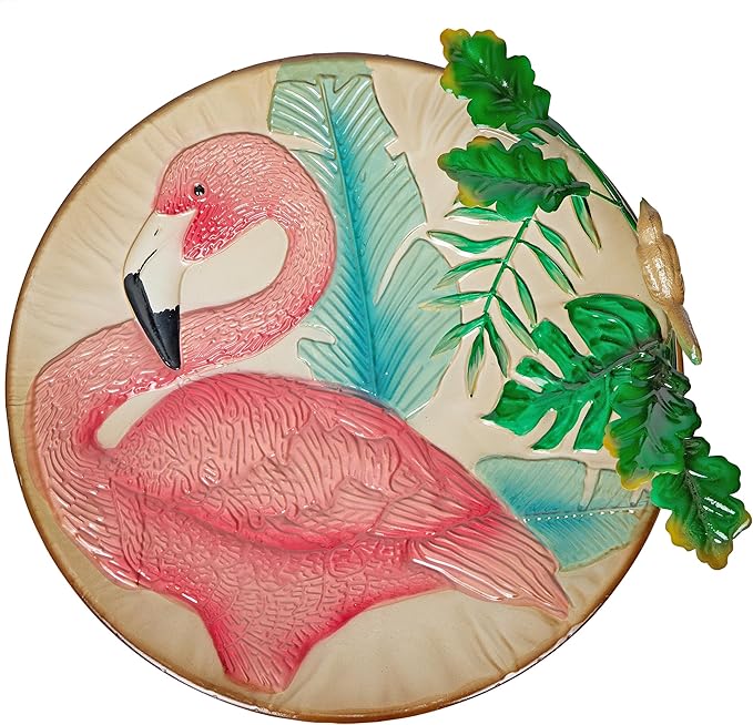 Alpine Corporation ORS876 Outdoor Metal Birdbath w/ Stylish Stand, Flamingo Pattern Birdbath Bowl and Stand, 23"H, Pink/Blue