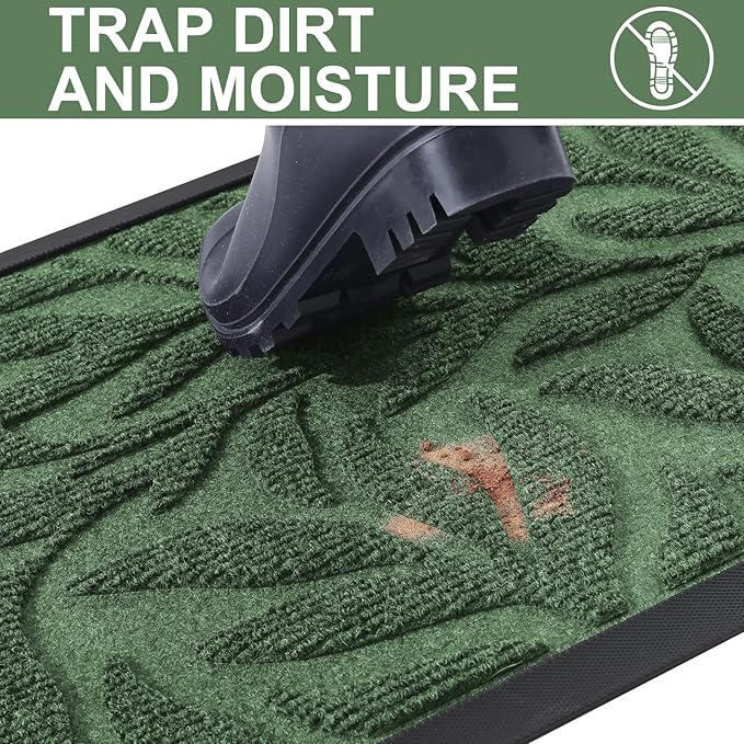 Smiry Front Door Mat Indoor Outdoor Entrance, Heavy Duty Natural Rubber, Trap Dirt and Moisture, Non-Slip Doormats, Low Profile, Easy Clean Patio Porch Entryway Mat, 29.5x17, Green