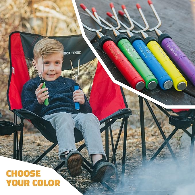 MalloMe Smores Sticks for Fire Pit-Rotating 34 inch Marshmallow Roasting Sticks Smores Kit Outdoor -Accessories for Campfire- Smore Skewers Hot Dog Fork, Camping Essentials Bonfire Gear Long (10 Pack)