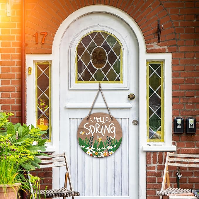 Spring Hanging Decor For Front Door, Daisy Bee Welcome Spring Round Sign Decor For Farmhouse Home Yard Porch, Hello Spring Decorations, Spring Wall Plaque Gifts For Friends Family -05