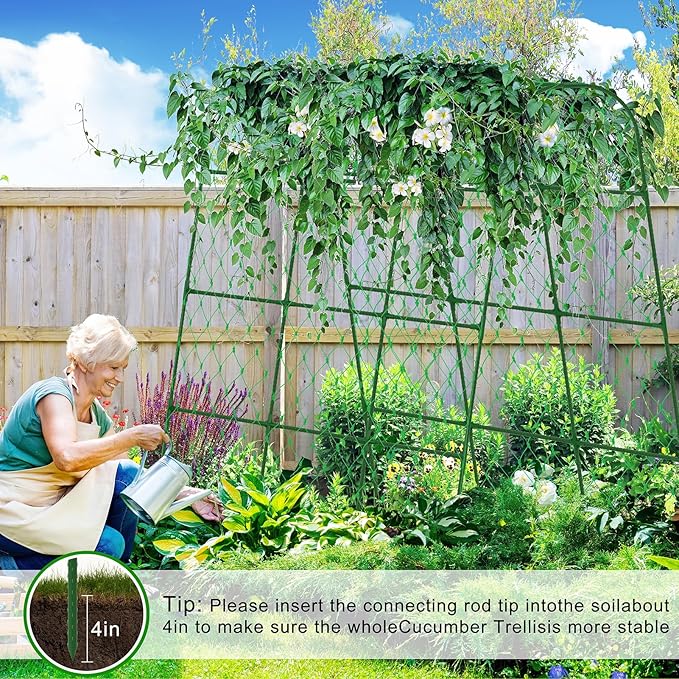 Cucumber Trellis for Raised Bed, U-Shape Garden Trellis for Climbing Plants Outdoor, Adjustable Metal Arch Vegetables Trellis with Climbing Net for Tomato, Bean, Grape, Zucchini