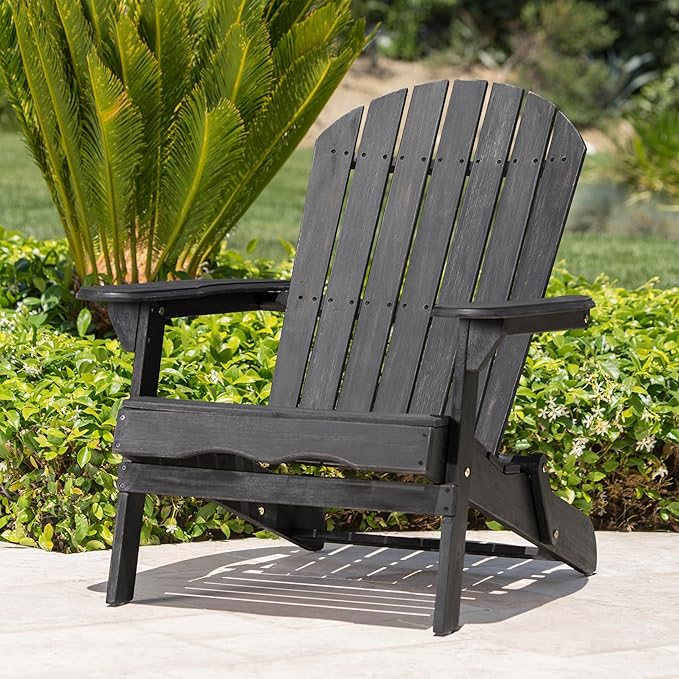 Merax Folding Adjustable Acacia Wood Adirondack Chairs, Water Proof Outdoor Wooden Fire Pit Lounge Reclining Chair for Yard, Garden, Patio, Dark Gray