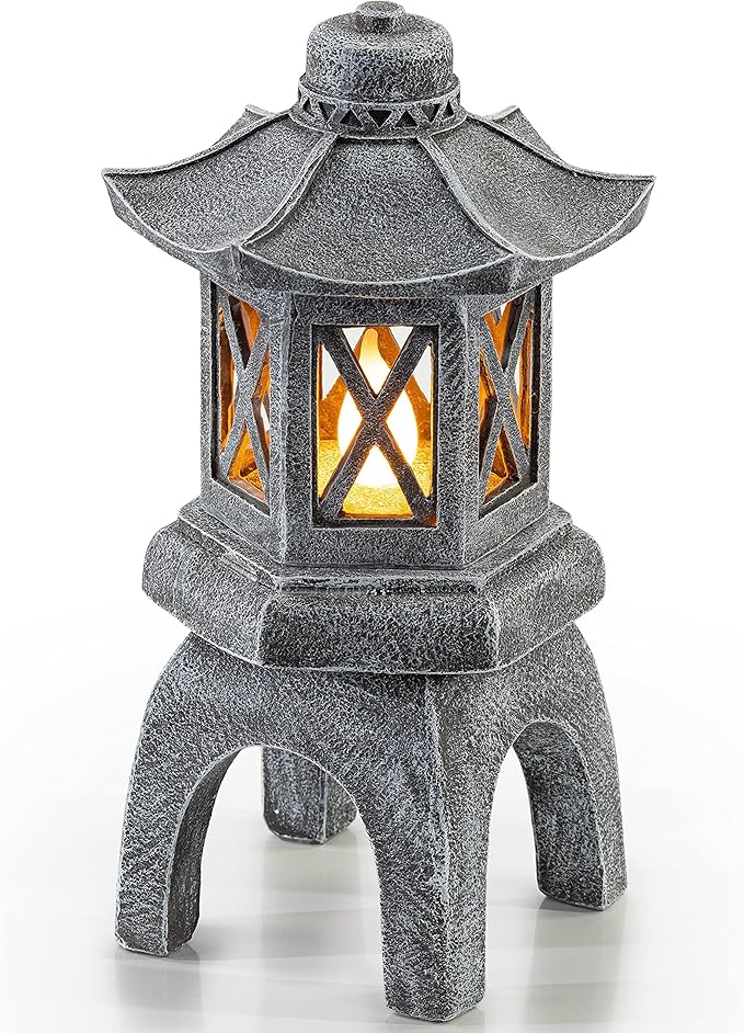 VP Home Solar-Powered Pagoda Garden Statues - Japanese Zen Lantern Outdoor Decor with Flickering LED Light - Durable Polyresin for Yard, Patio, or Garden - 12 x 7 x 6 Inches (Zen Garden Pagoda)
