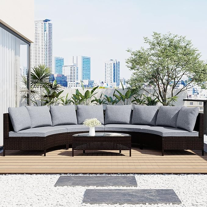 Merax 5 Pieces All-Weather Brown PE Rattan Wicker Sofa Set Outdoor Patio Sectional Furniture Set Half-Moon Sofa Set with Tempered Glass Table, Gray