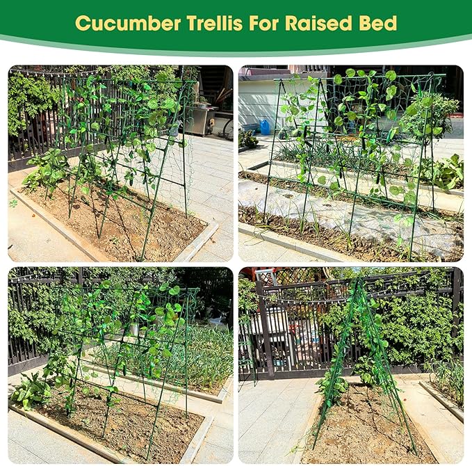 51x53 Inch Cucumber Trellis for Raised Bed,Foldable A-Frame Garden Trellis for Climbing Plants Outdoor with Climbing Net,Plastic-Coated Steel Core,for Cucumber Beans and Vine Type Plants ﻿