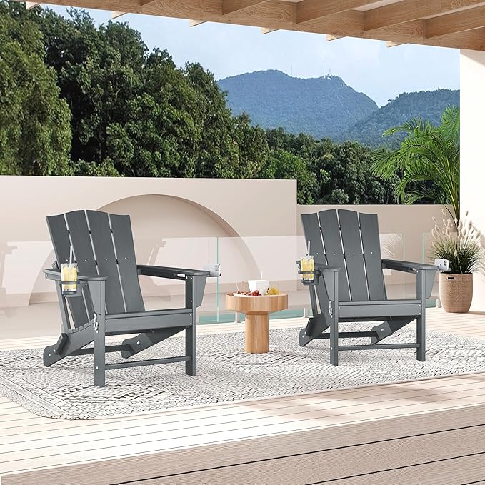 Yaheetech Folding Adirondack Chair Outdoor, HDPE Plastic Adirondack Chair with Cup/Mobile Phone Holder for Deck, Patio, Pool, Backyard, Weather Resistant, Wooden Texture, Easy Assembly Gray