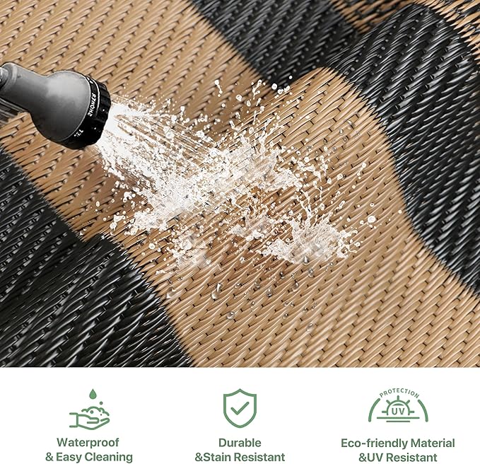 GENIMO 6' x 9' Outdoor Rug Waterproof for Patio Decor, Reversible Plastic Straw Area Rugs Mat for Camper, Outside Carpet for Rv, Deck, Porch, Picnic, Balcony, Mix-Black & Brown