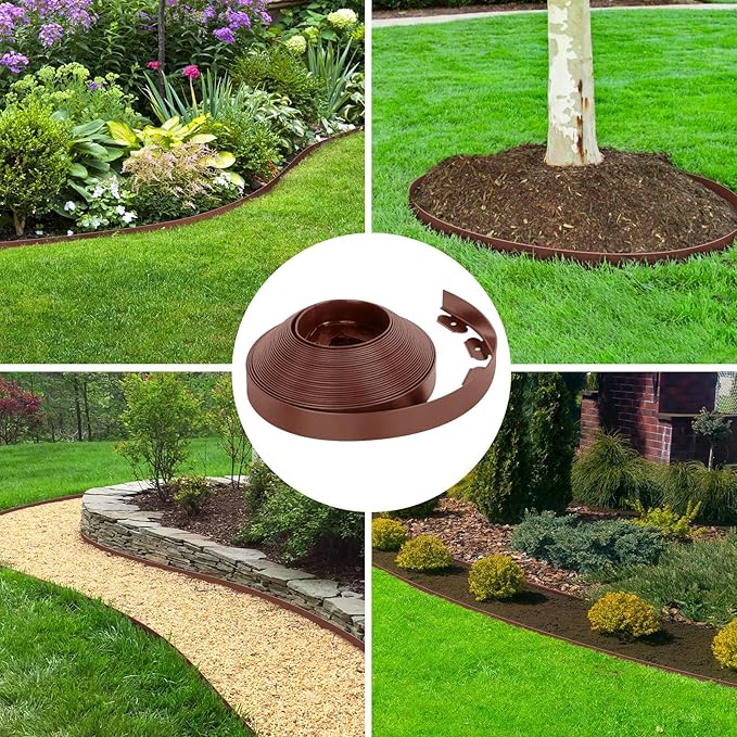 2-Inch x 100 FT Landscape Edging Border with 150 Spikes, Plastic Edging for Landscaping Garden Edging Border, Flexible Landscaping Edging for Garden Flower Beds Yard Lawn Pathway Paver (Brown)
