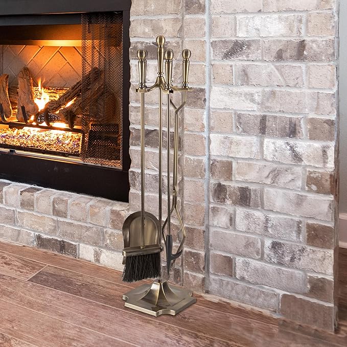 Lavish Home 5 Piece Fireplace Tools Set Indoor Outdoor - Fireplace Accessories Set with Poker,Tongs, Brush, Shovel, and Stand - Fire Tools for Fire Places, Firepits, and Woodstoves (Antique Brass)
