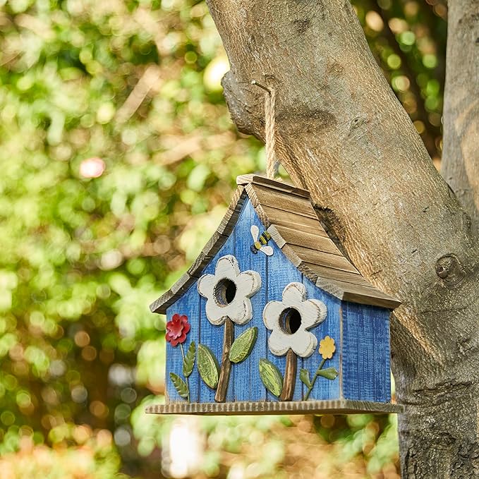 Glitzhome Hanging Birdhouses for Outdoors, 10.75" L Distressed Solid Wood Birdhouse Bird Nesting Box with 3D Flowers Rustic Hand-Painted Bird Houses for Outside