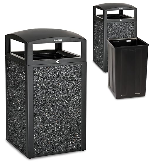 Alpine Industries 40 Gallon Commercial Outdoor Trash Can, Metal with Removable Bin & Locking Lid (Black, Grey Stone)
