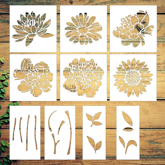 Large Flower Stencils Set, 12 x 12 Inch, 10 Pieces, DIY Art Templates for Walls, Wood, Fabric, Garden