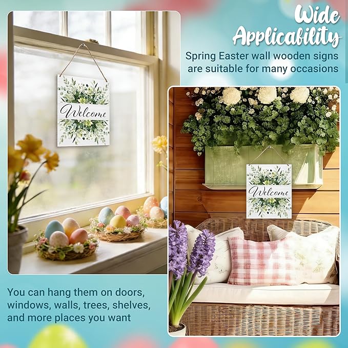 Spring Welcome Sign for Front Door, Welcome Door Sign Decor, Greenery Rectangle Wood Sign Hanger for Outdoor Farmhouse Garden Porch Home - C08