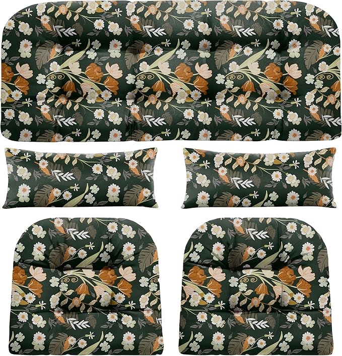 Wicker Chair Cushions of 5 Pieces, Waterproof Outdoor Loveseat Cushion for Wicker Furniture, 1 Love Seat Cushion, 2 U-Shape and 2 Lumbar Pillows for Patio Furniture (Black Flower)
