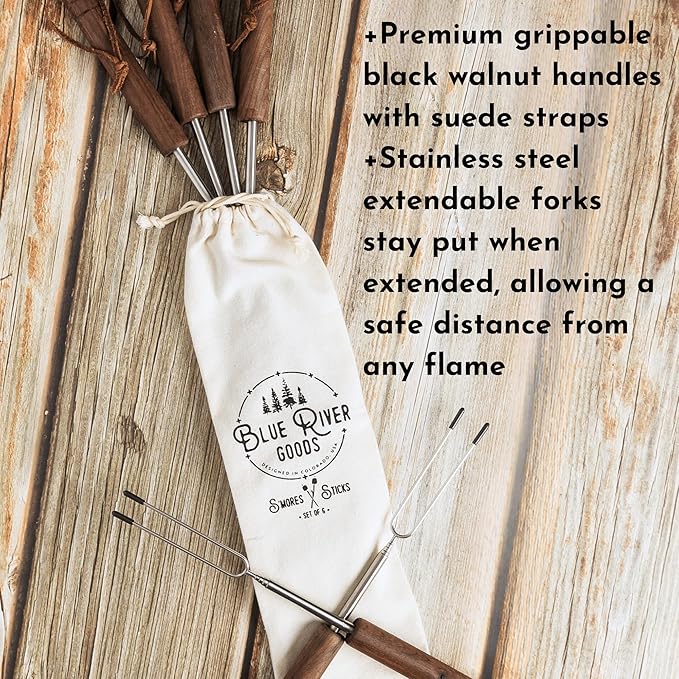 Smores Sticks | Set of 6 Marshmallow Roasting Sticks | Extendable Stainless Steel w/Walnut Handles | Smore Sticks for Marshmallow Sticks for Fire Pit | Smore Sticks for Fire Pit