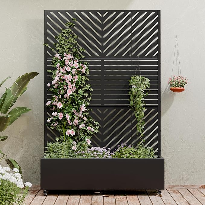 Casaphoria Metal Raised Garden Bed with Trellis and Wheels, 72"x47"x16" Planter Box for Climbing Plants, Vegetables & Vines, Features Drainage Holes and Privacy Screen, Black(Parallel&Louvered)