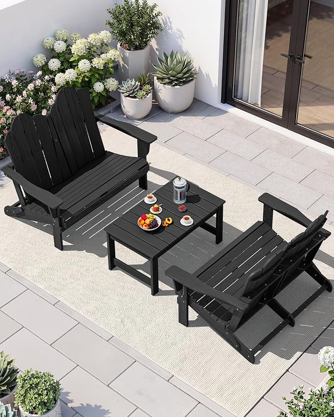 SERWALL Folding Adirondack Bench, HDPE All-Weather Adirondack Loveseat Set of 2, Black