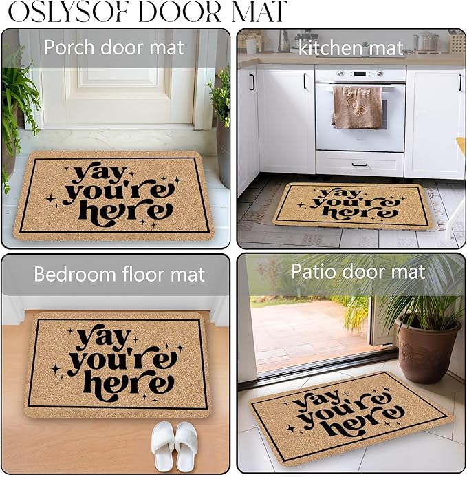 Funny Coir Door Mat, Yay You're Here Doormat for Front Door Indoor Outdoor Porch Entrance Entryway, Funny Welcome Mat Outside, 17x30 Inches
