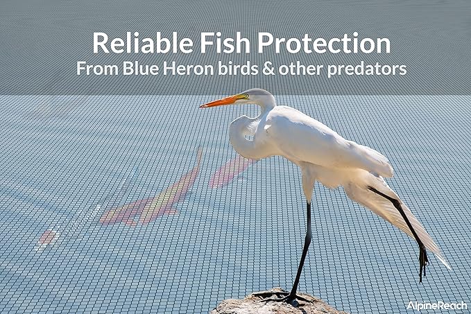 AlpineReach Pond Netting Kit 15 x 20 Feet & 20 Steel Staples - Woven Fine Mesh Heavy Duty Stretch Net Cover for Leaves - Protects Koi Fish from Blue Heron Birds Cats Predators - Galvanized Stakes