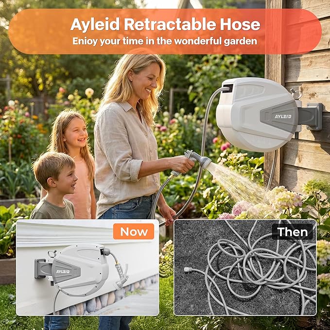 Ayleid Retractable Garden Hose Reel,1/2 in x 65 ft Wall Mounted Hose Reel, with 9- Function Sprayer Nozzle, Any Length Lock/Slow Return System/Wall Mounted/180°Swivel Bracket (Gray)