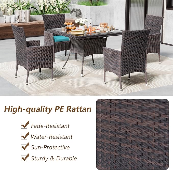 Kullavik 10-Piece Outdoor Dining Set Patio Rattan Furniture Set,Patio Dining Table and Chairs Set with 8 Chairs and Cushions,Square Glass Tabletop with Umbrella Hole for Patio,Blue