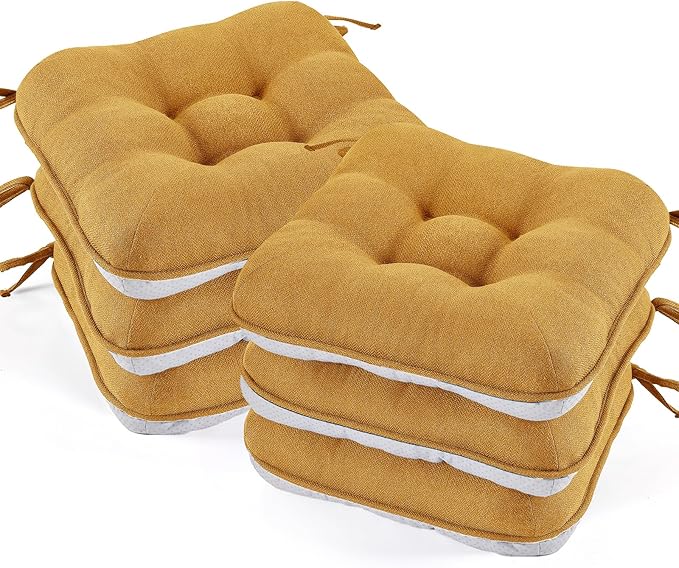 BETU Chair Cushions for Dining Chairs Set of 6,3.5" Thick Kitchen Table Chair Pads with Ties,Non Slip Backing and Covers, Seat Cushion for Dining Room,Bar,Patio Chairs,16"X16"X3.5",Yellow