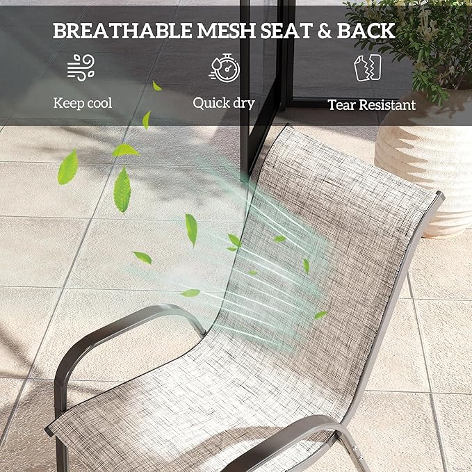 Outsunny Outdoor Dining Chairs Set of 4, Stackable Patio Dining Chairs, High Back Outdoor Patio Chairs with Breathable Mesh Seat, Metal Frame for Garden Lawn Backyard, Mixed Gray