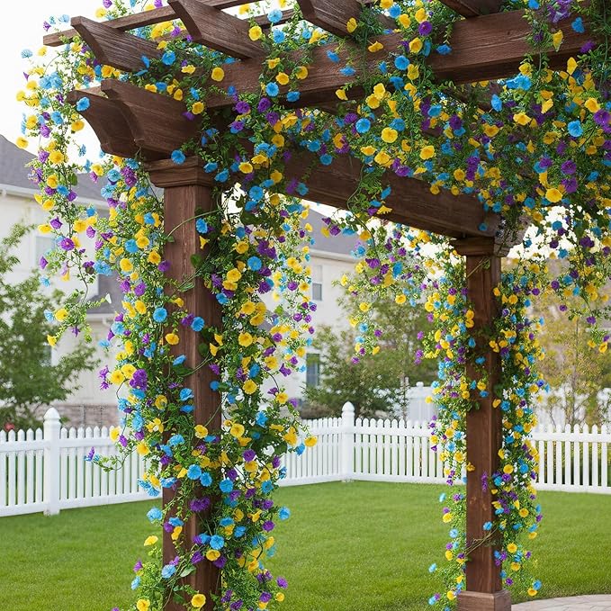 GTIDEA 6Pcs Fake Vines 36Feet Artificial Hanging Morning Glory Flower Garland Faux Vines for Outdoors for Wall Fence Indoor Wedding Decor (Blue & Yellow)