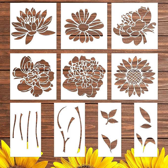 Keluna Large Flower Stencils for Painting - Wall Stencils for Painting Large Pattern on Wood Fence Garden Sunflower Peony Design