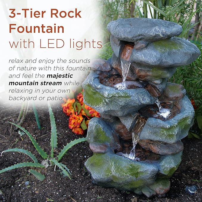 Alpine Corporation 22" Tall 3-Tier Outdoor Rock Waterfall Fountain with LED Lights, Natural Stone Look for Garden, Patio, Yard & Porch Decor, Gray